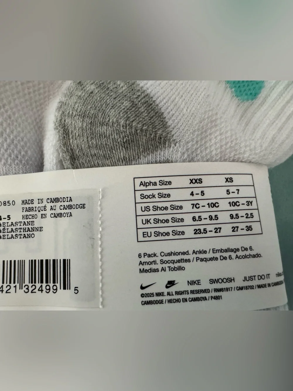 Girls 6 Pack Nike White Cushioned Ankle Socks with Pink and Teal Accents